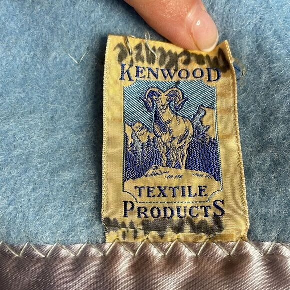 MCM Vintage Kenwood Textile Products Blue Wool Satin Trim Blanket 68” x 88” twin - Picture 3 of 5